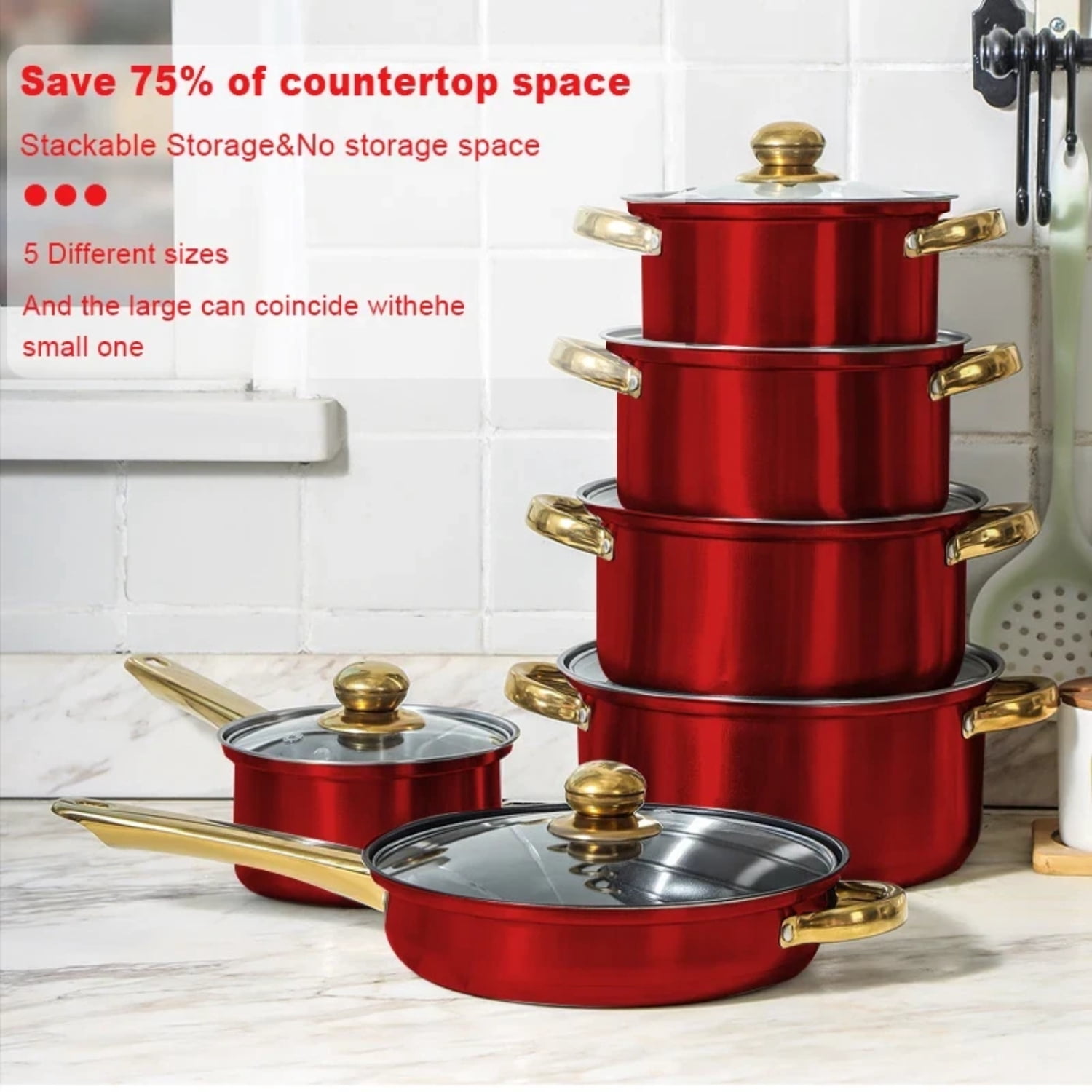 12-Piece Stainless Steel Cookware Set, Nonstick Pots and Pans Kitchen Set with Lids, Durable Induction Compatible, for Home, Restaurant, Gas & Electric Stoves – Red
