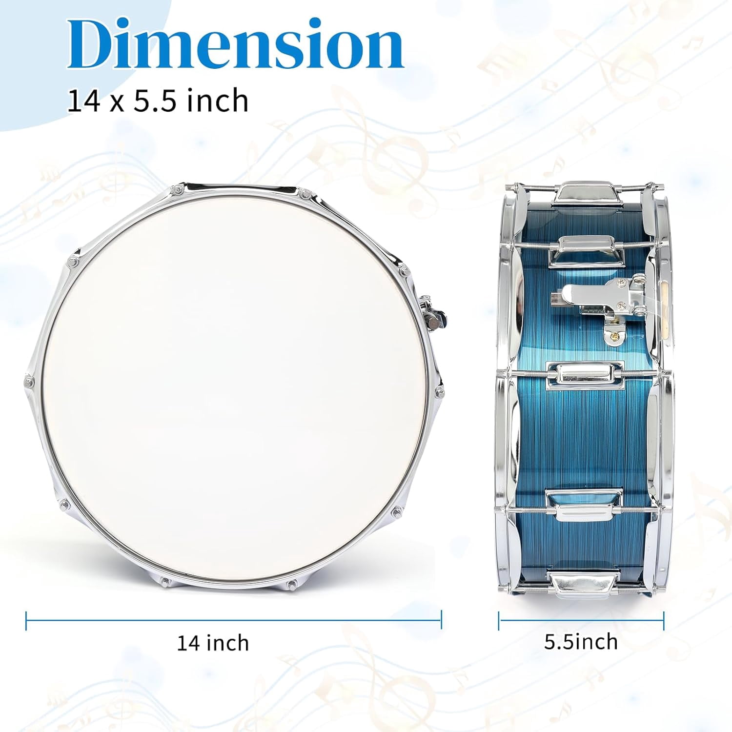 14 x 5.5 inches Snare Drum Set, Marching Snare Drum Kit for Students Beginners, Comes with Stand Sticks, Key, Bag, Mute Pad and Adjustable Straps (Blue)