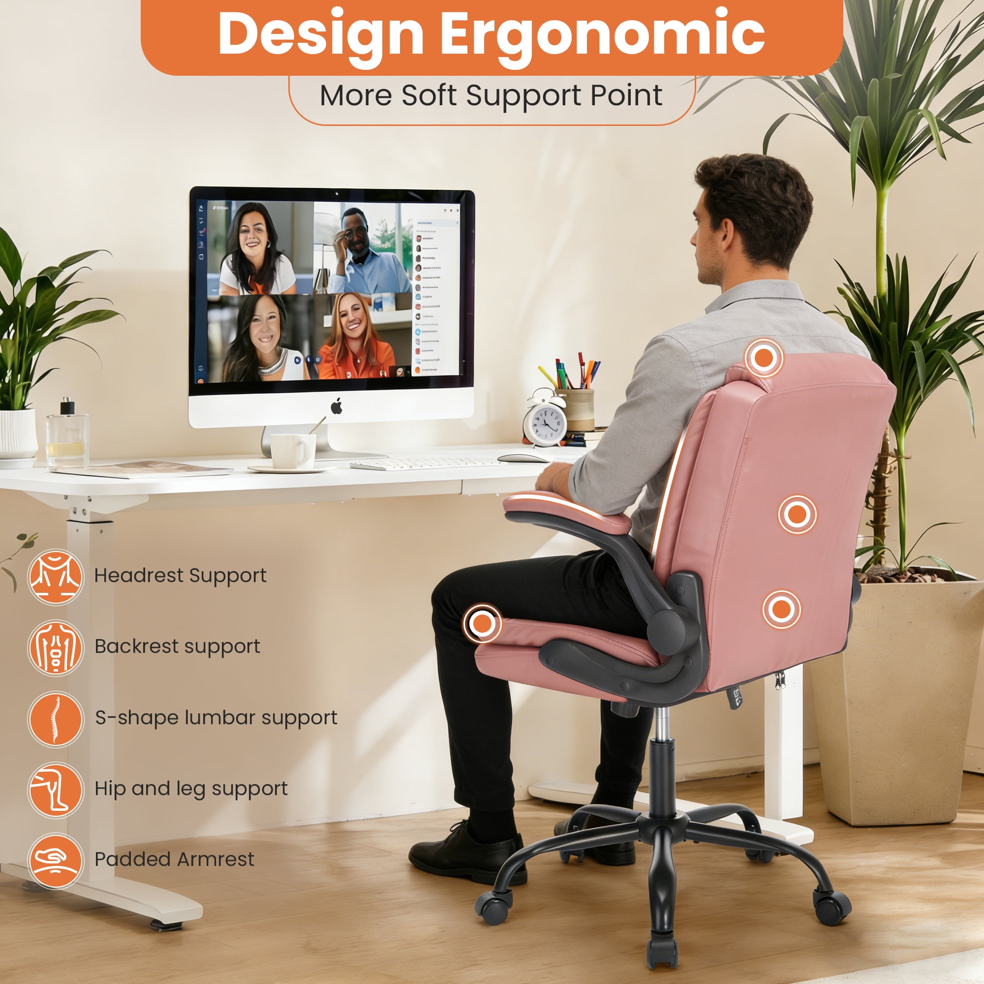Fantasylab Executive Ergonomic 300LBS PU Leather Home Office Desk Chair, Computer Desk Chair with Adjustable Armrest,PINK