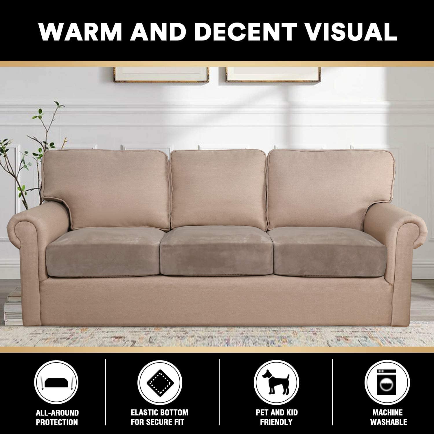 Velvet Stretch Couch Cushion Cover Plush Cushion Slipcover for Chair Sofa Cushion Furniture Protector Seat Cushion Sofa Cover Set of 3
