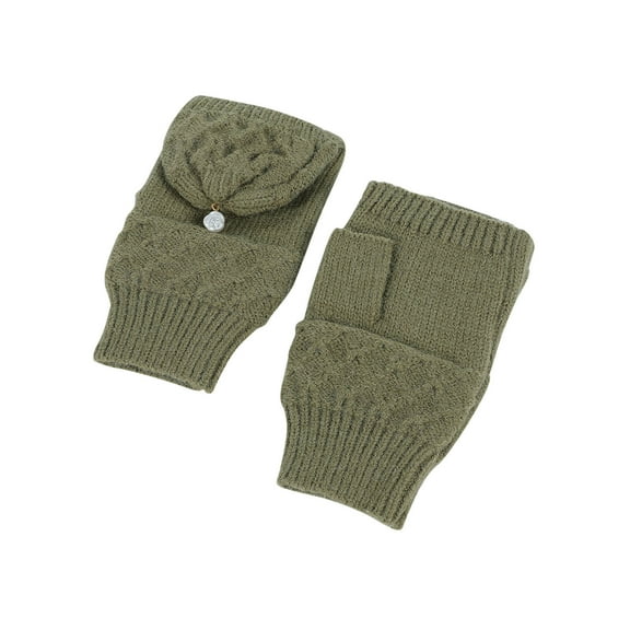 WREESH Unisex Pop-Top Winter Knitted Gloves Half Fingered Solid Color Flip Warm Finger Gloves Olive Green