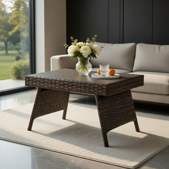 Topcobe Folding PE Rattan Side Coffee Table Patio Garden Furniture, Outdoor Deck Furniture, Brown