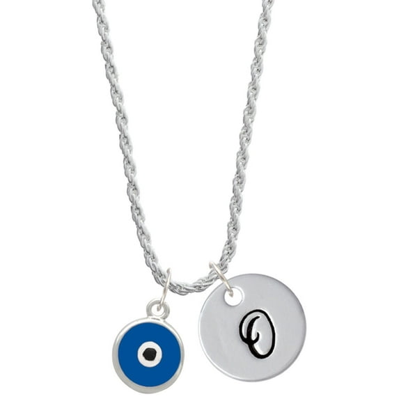 Delight Jewelry Silvertone Blue Evil Eye Good Luck Silvertone Script Initial Disc - O - Charm Necklace, 20"+3"