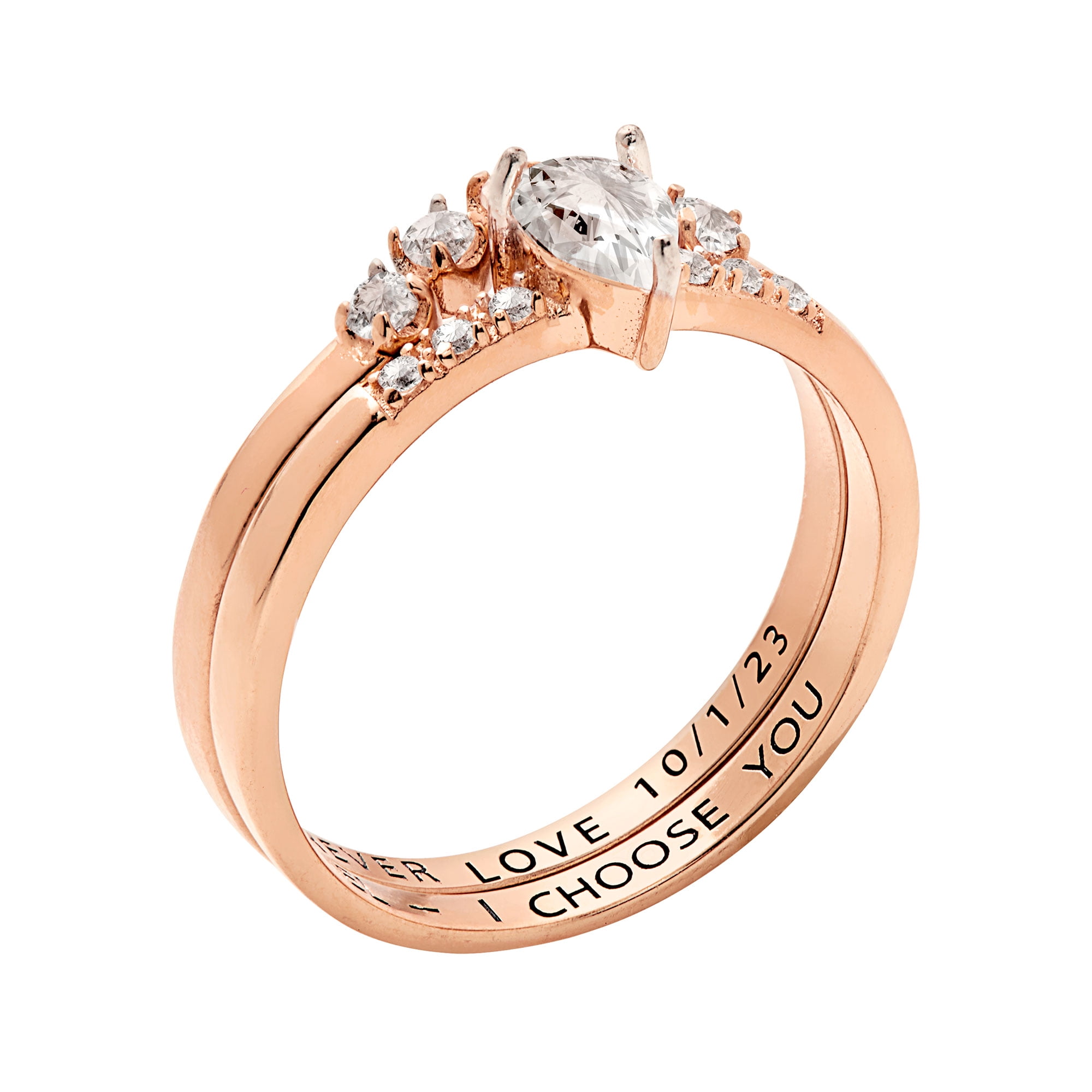 Vow & Forever Personalized Planet Bridal 14K Rose Gold over Sterling Silver Pear White Topaz 2 Piece Engraved Wedding Set ,Women's