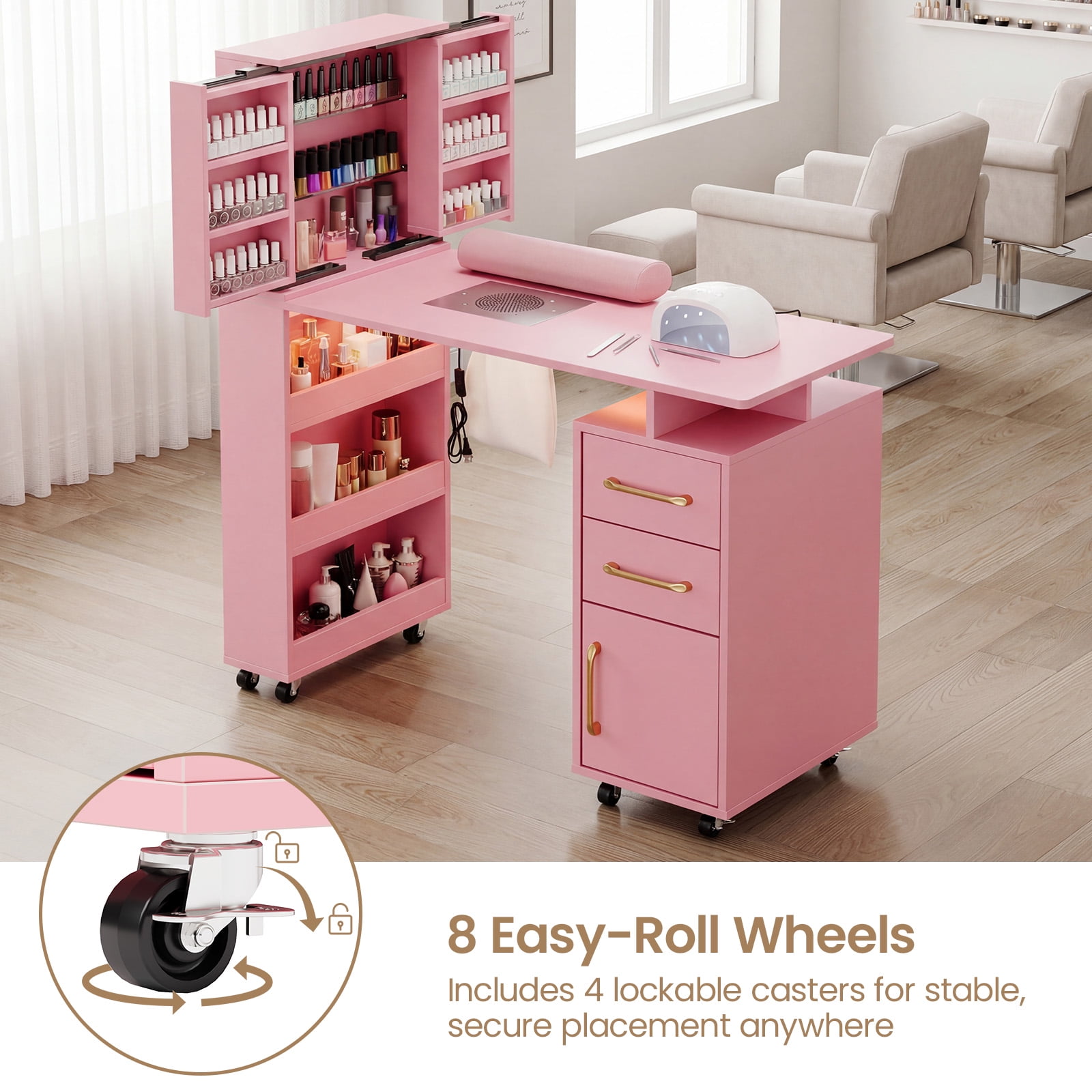 Advwin Professional Manicure Table with Extendable Nail Polish Cabinet, Dust Collector, LED Light & Wrist Rest, Rolling Nail Desk for Nail Tech, Beauty Nail Station for Home & Salon, Pink