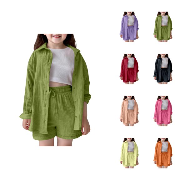 Girls 2 Piece Outfits Girls' Clothing Sets Girls Outfits & Sets Casual Playwear School Summer Fall Spring Toddler Kids Shirt Shorts Set Comfortable Pure Color Turn Down Collar Elastic Waist