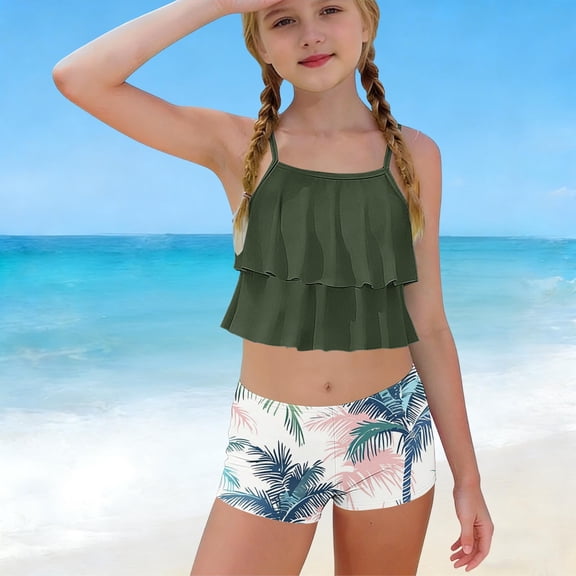 WOXIHUAN Girls Swimsuit 2 Piece Ruffled Bikini Top with Printed Shorts Summer Beach Teen Bathing Suits for 6-15 Years Multicolor 13 6-7 Years