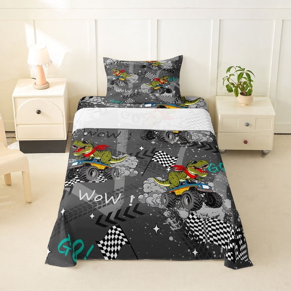 Castle Fairy Dinosaur Monster Truck Twin Sheet Sets 3pcs for Toddlers, Racing Flag Print Bedding for Playroom, Gray Green
