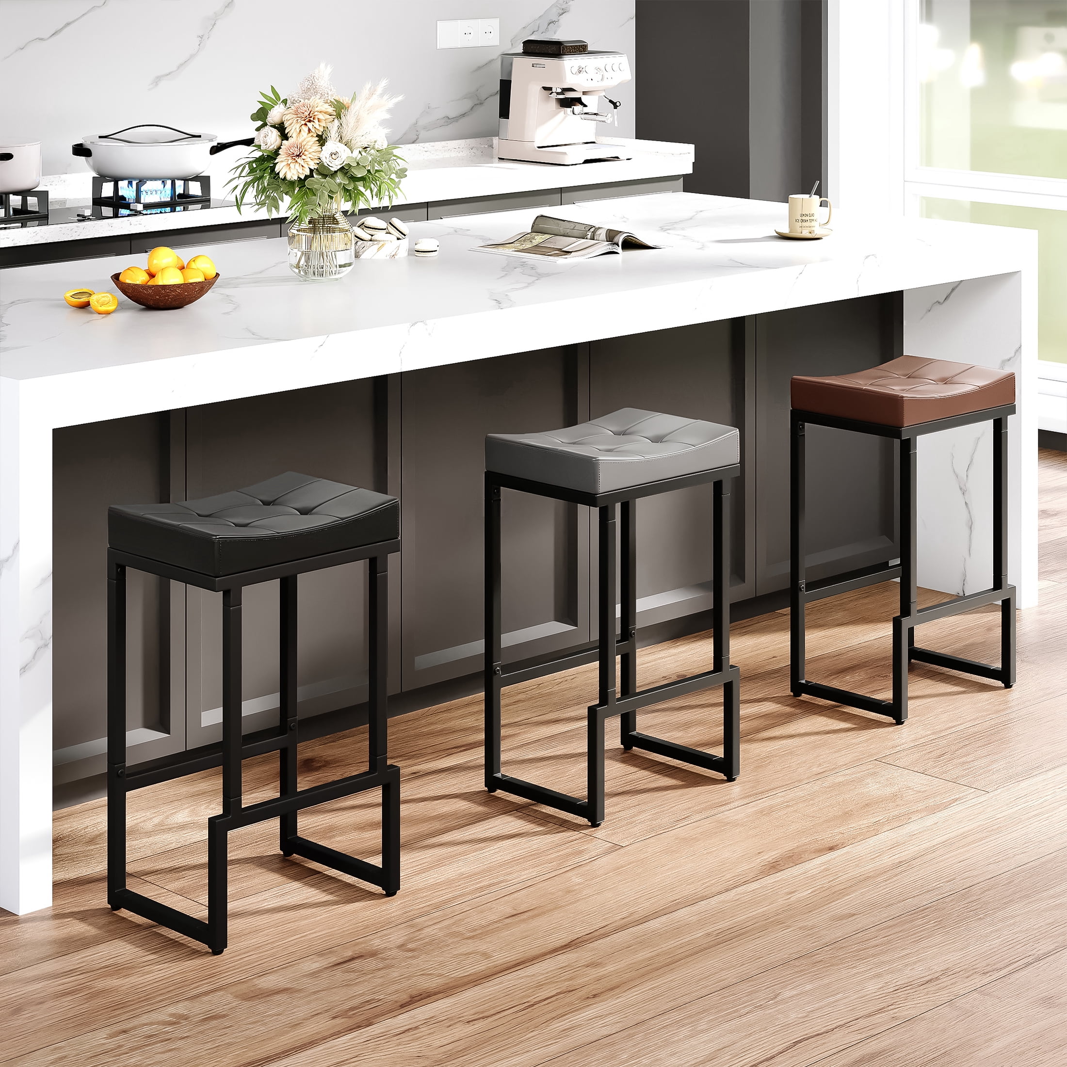 FIRAVOE Bar Stools Set of 3, Backless Counter Height Bar Stools (28") Modern Faux Leather Saddle Barstools for Kitchen Island, Black