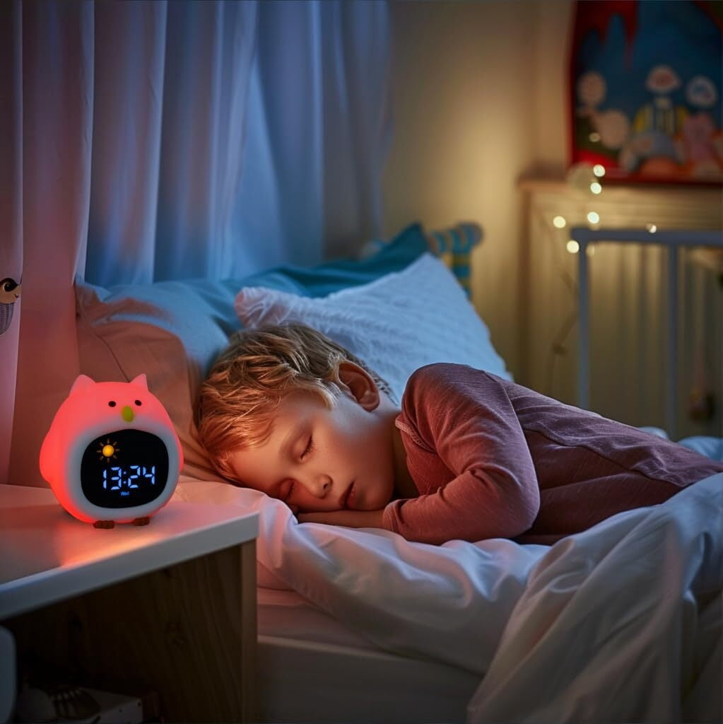 Alarm Clock with Sound Machine for Kids, 6 White Noises and 9 Colors Night Light, Ok to Wake Clock, Include 1800mAh Battery for Portability and Memory Function, for Kids