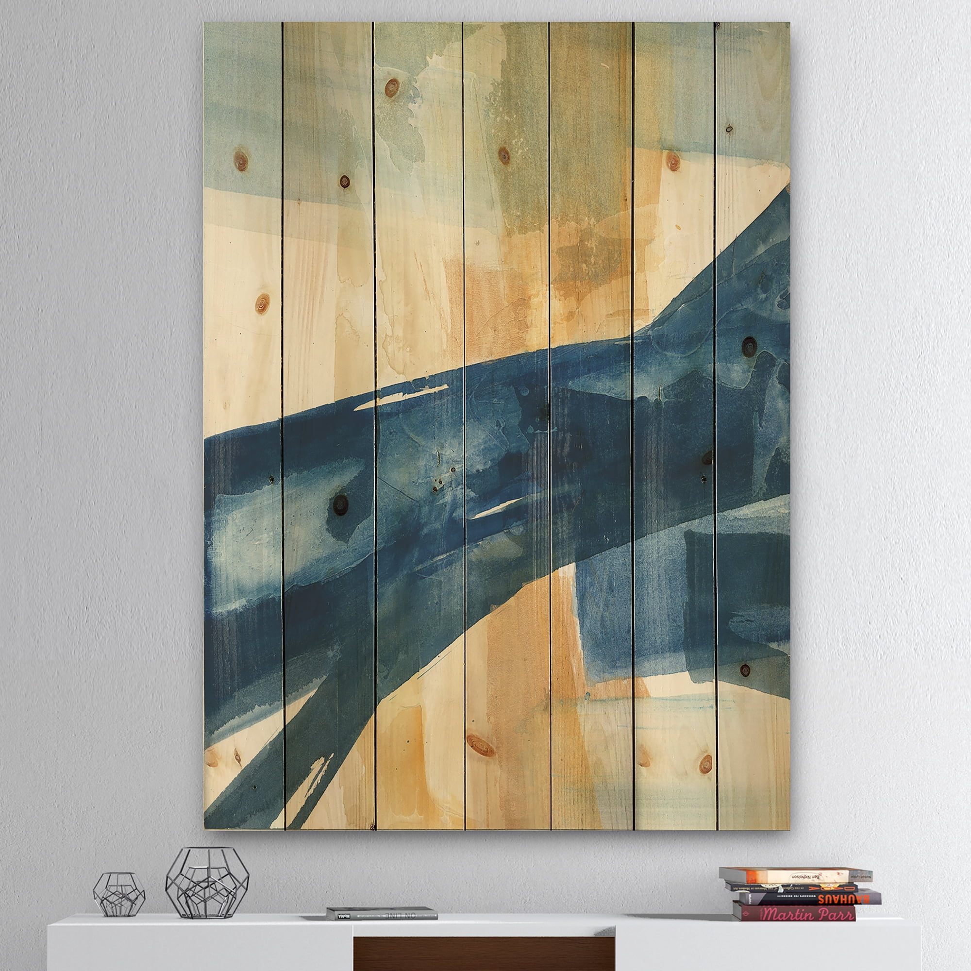 Designart 'Indigo Panel III' Glam Modern Print on Natural Pine Wood