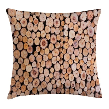 Rustic Home Decor Throw Pillow Cushion Cover, Mass of Wood Log Forest Tree Industry Group of Cut Lumber Circle Stack Image, Decorative Square Accent Pillow Case, 16 X 16 Inches, Cream, by