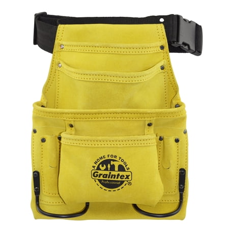 UPC: 0819972022794 | GRAINTEX 10 Pocket Nail & Tool Pouch Yellow Color Suede Leather with 2” Webbing Belt for Constructors  Electricians  Plumbers  Handymen