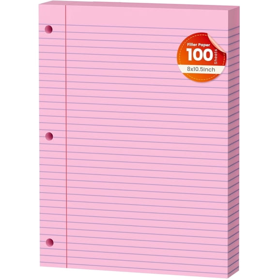 100 Sheets Pastel Colored Filler Paper Set, College Ruled, 8" x 10.5" Three-Hole Punched, Compatible with 3-Ring Binders, Includes Pink, Purple, Blue, Green
