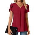 thumbnail image 2 of Women's Summer Tunic Tops Dressy Casual Chiffon Blouses Plus Size V Neck Short Sleeve T-Shirts Red L, 2 of 5