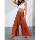 thumbnail image 3 of Pantalones De Pierna Ancha Vendaje De Cintura Alta Pantalones Drapeados Sueltos Informales para Viajes De Yoga Rojo Ladrillo L, 3 of 5
