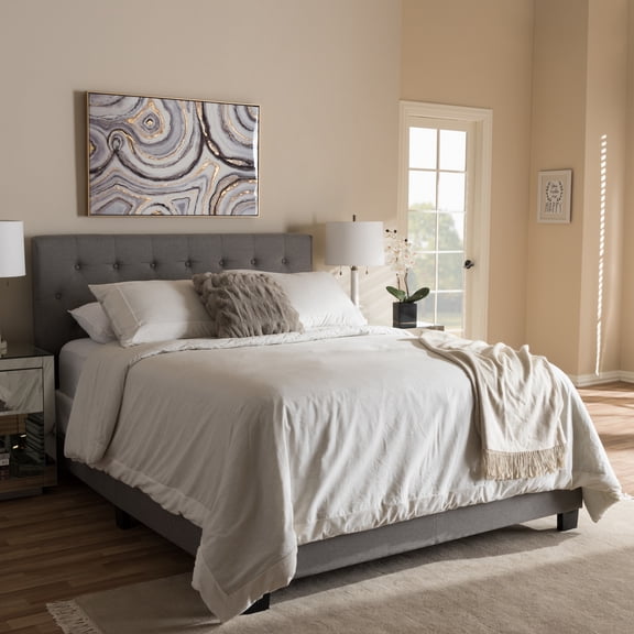 Baxton Studio Cassandra Modern and Contemporary Light Grey Fabric Upholstered Queen Size Bed-Color:Light Grey,Material:Fabric "Polyester 100%"/Rubber Wood/MDF/Particle Board/Foam,Style:Contemporary