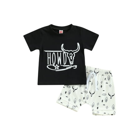 

Qtinghua Western Baby Boy Summer Clothes Cow Print Short Sleeve T-Shirt Top Elastic Waist Shorts 2Pcs Outfits Black 2-3 Years