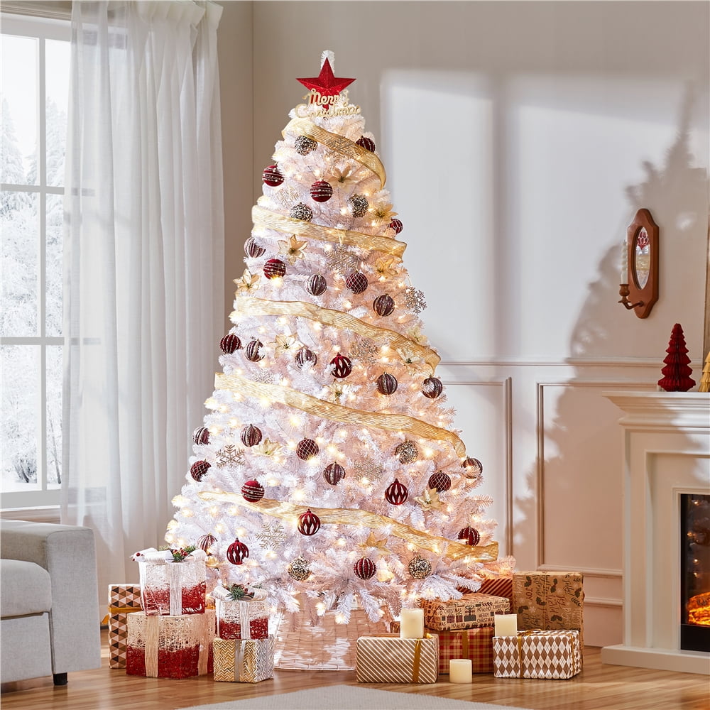 Alden Design 7.5ft Pre-Lit Fir Artificial Christmas Tree with Foldable Stand, White