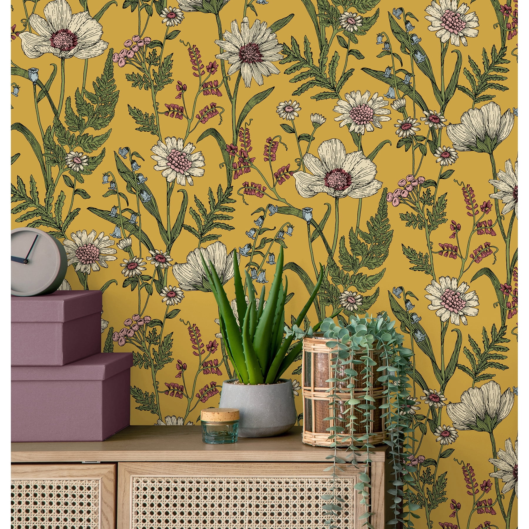 Fine Decor Arden Mustard Wild Meadow Wallpaper, 20.5-in by 33-ft