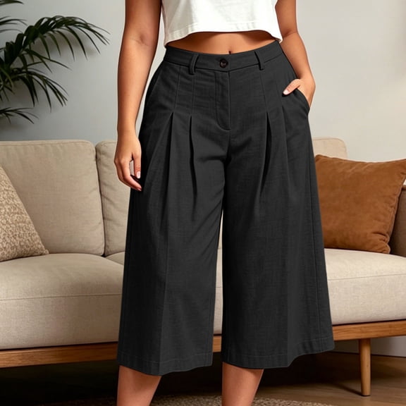 TaTaai Womens Plus Size Solid Loose Elastic Waist Cropped Pants with Pockets Pleated Casual Trousers Bottoms for Daily Home