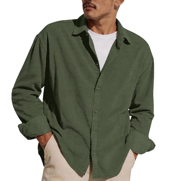 Domuza Mens Corduroy Shirt Long Sleeve Button Down Collared Shirts Casual Lightweight Shirt Jacket Vintage Classic Shacket Army Green L