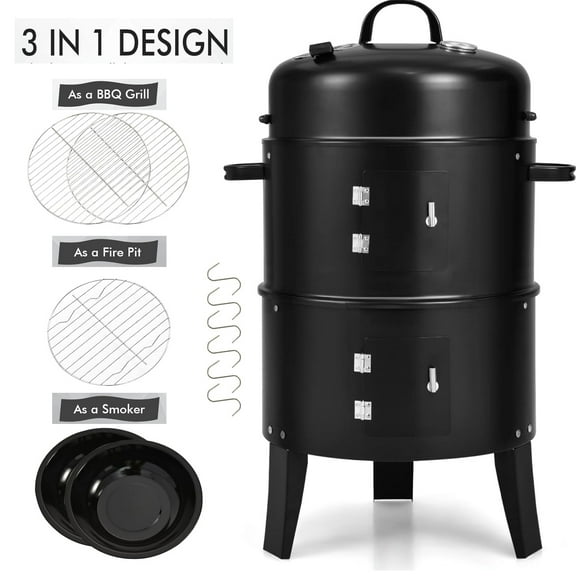 16" Charcoal Smoker Grill ,3 in 1 Vertical Barbecue BBQ Grill with 2 Cooking Area &Thermometer for Outdoor Camping Picnic Backyard Cooking Black