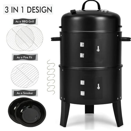 16 Charcoal Smoker Grill 3 in 1 Vertical Barbecue BBQ Grill with 2 Cooking Area &Thermometer for Outdoor Camping Picnic Backyard Cooking Black