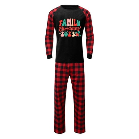 

Christmas Men 2023 Letter Plaid Print Long Sleeve T Shirt Top Pants Xmas Lightweight Sleepwear Holiday Family Matching Pajamas Outfit