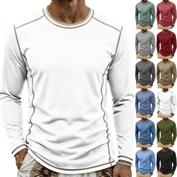Smsaxvxz Mens Shirts Soft Comfort Crew Neck Long Sleeve Color Patchwork T-Shirts Casual Lightweight Fall Tops White XL