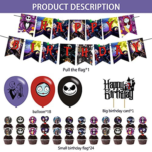 Nightmare Before Christmas Birthday Decorations Jack Skellington Party Supplies-Include Birthday Banner Cake Toppers Balloons School Supplies Decorations BD-Jack 