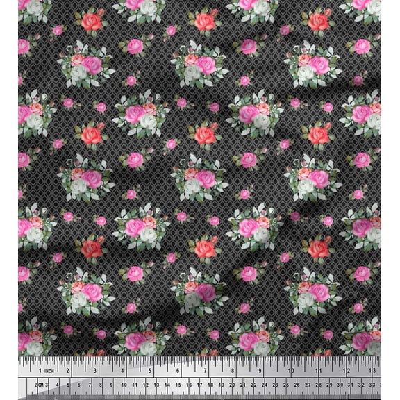 Soimoi Cotton Duck Fabric Ogee Damask,Leaves & Rose Floral Print Fabric by the Yard 42 Inch Wide