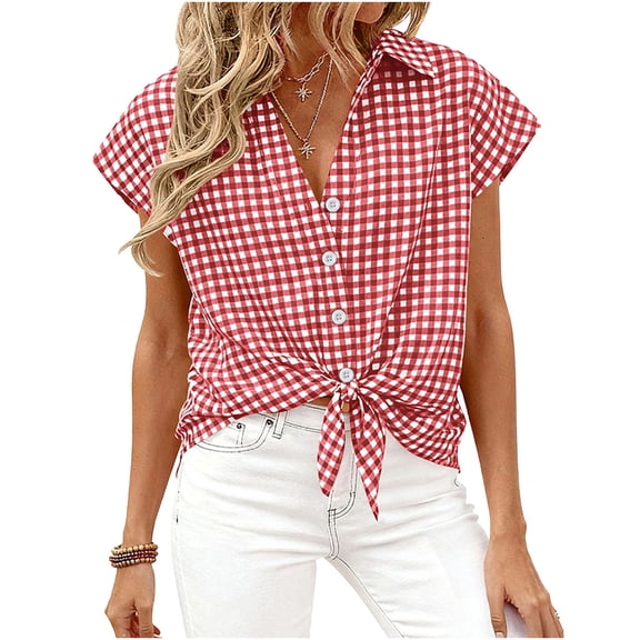 YUGYXL Womens Short Sleeve Shirts Plaid Button Down Blouse Dressy Casual Summer Spring Business Gingham Work Tops Red Tops S