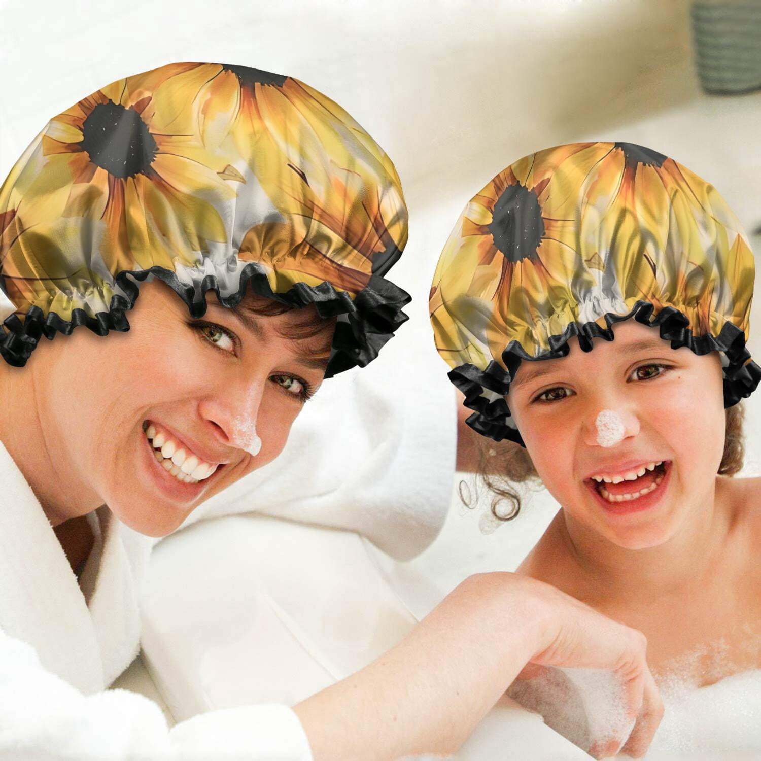 Shower Caps,White Sunflower Pattern Waterproof Shower Cap for Women 4 Pieces,Double Reusable Hair Cover for Shower PEVA Elastic Stretch Hem