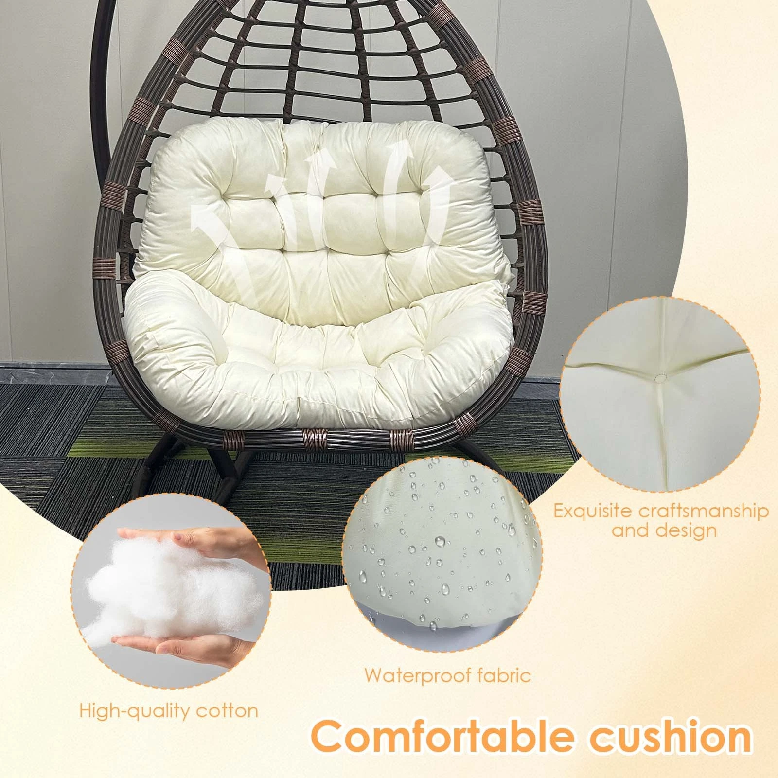 TOPCHANCES Egg Chair Cushion Only, Water-Resistant Outdoor Rocking Chair Cushion, Thick Papasan Seat Cushion with Ties for Patio, Porch, Balcony, Garden (Beige)