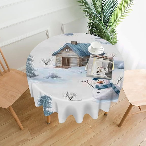 RKSupls 60 Inch Round Tablecloth, Winter Cabin Snowman Premium Polyester Straight Edge Wrinkle Resistant Washable Table Cover for Party Home Dining Decor