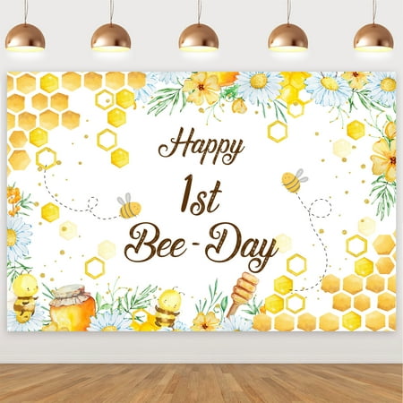 Image of Happy Bee Day 1st Birthday Decorations，Bumblebee Backdrop for Baby Reveal Party