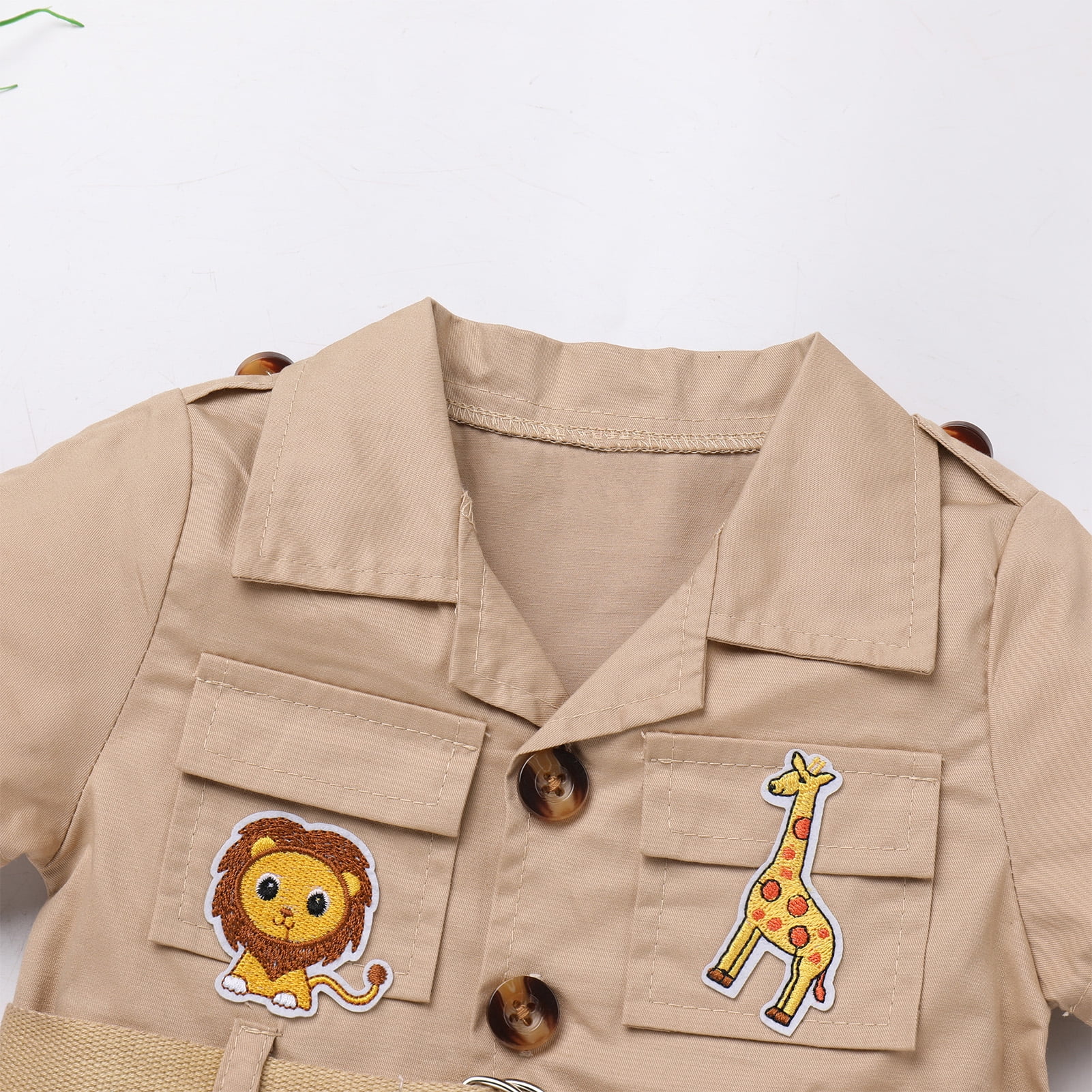 IBTOM CASTLE Toddler Baby Boys Girls Lion Giraffe Birthday Outfit One Piece Romper Jumpsuit with Belt and Hat Jungle Safari Cake Smash Clothes 0-6 Months Khaki