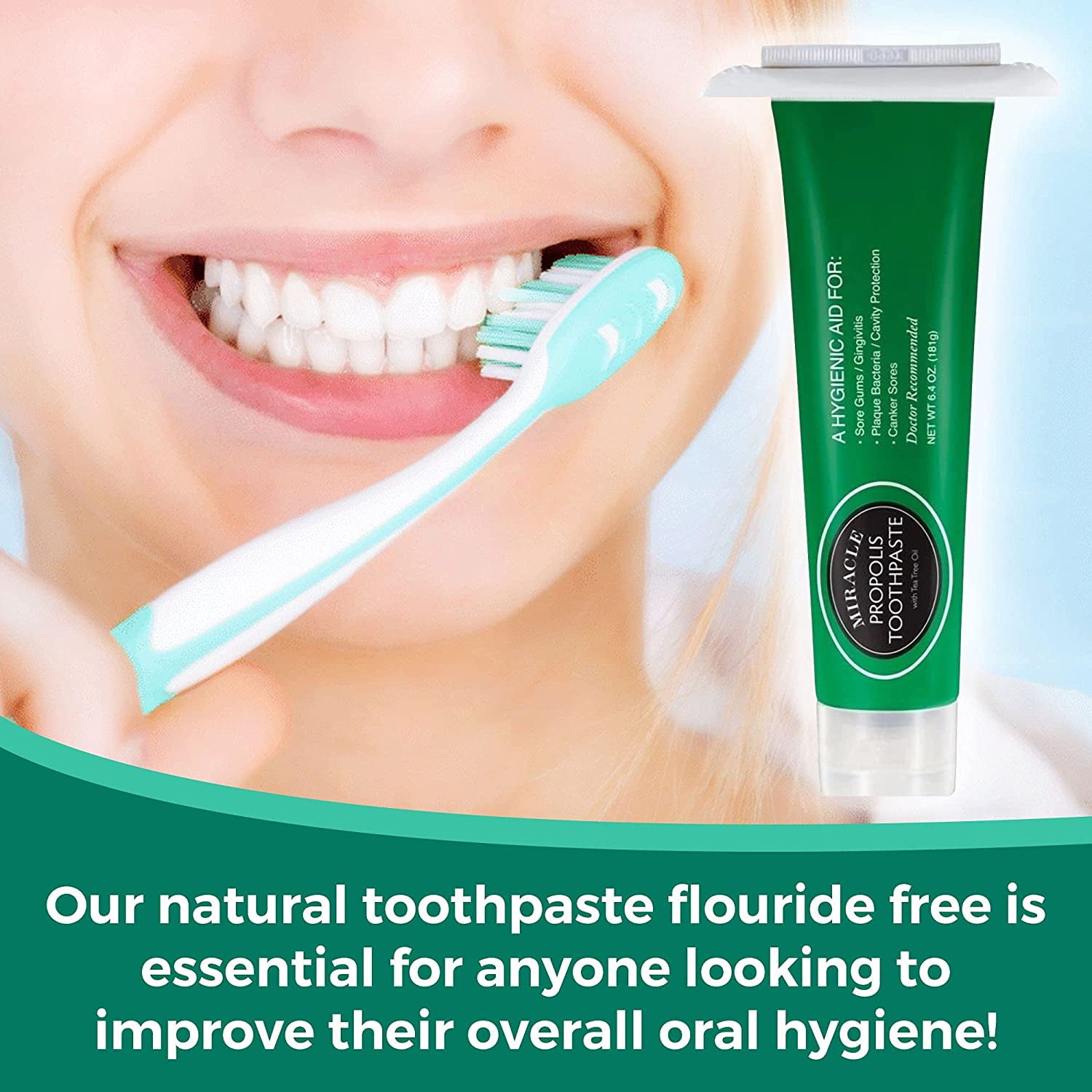 2 Pack Miracle Propolis Toothpaste + Tea Tree Oil, No Fluoride Max Strength Large Tube 6.4oz x 2