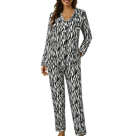 

Pajamas For Women Casual Lapel Button Plaid Print Two Piece Long Sleeve Pajamas Suit