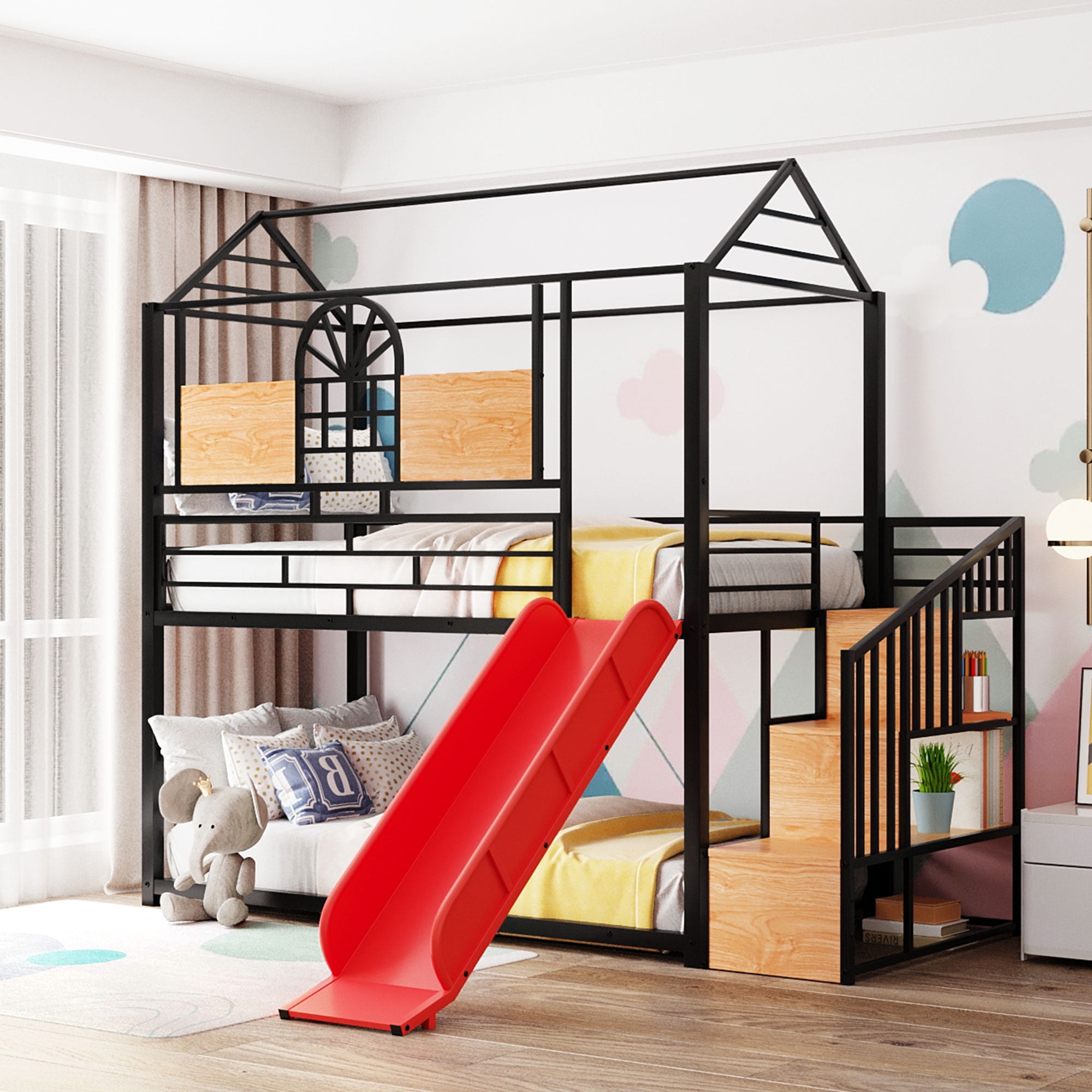 Aukfa Twin over Twin Bunk Bed with Slide, Metal House Bunk Bed with Staircase and Shelves for Kids - Black/Red