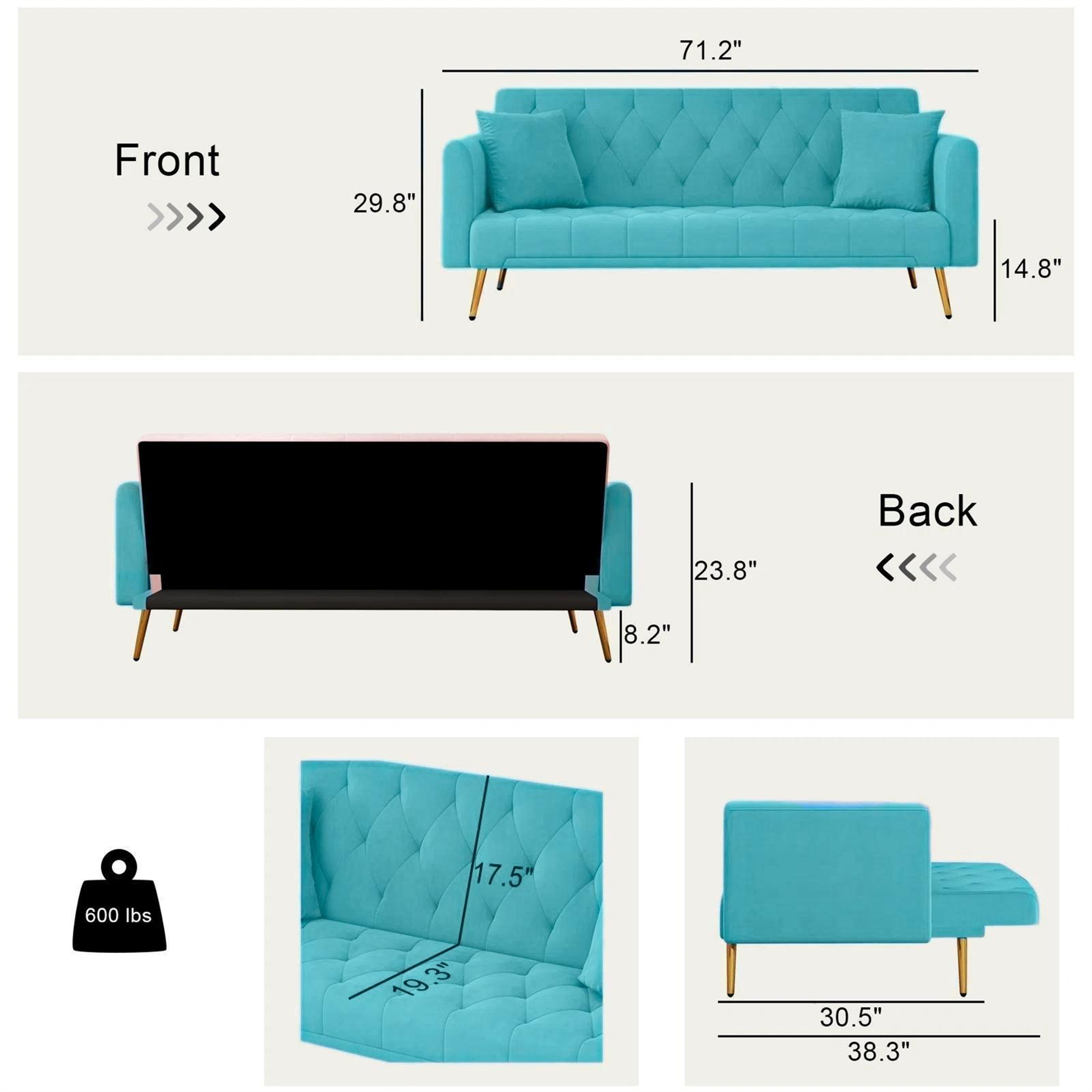 Aukfa Curved Arm Futon Convertible Sofa Bed for Home Office, 2 Pillows, Tufted Back, Velvet, Light Blue