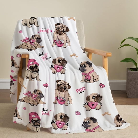 Dogs Throw Blanket Cute Puppy Throw Blanket Flannel Fleece Throw Blanket Pug Dogs Throw Blanket Funny Pet Dogs Blanket Cozy Fuzzy Plush Throw Blanket for Animal Lovers 50" X 60"