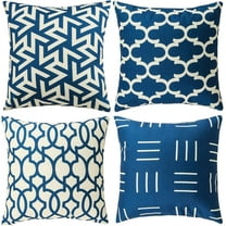 Set of 4 Decorative Geometric 18 x 18 Inches Throw Pillow Covers - Modern Pattern Linen Square Pillow Cushion Case for Sofa Couch Bed Home Outdoor Car (18" x 18", Blue/Beige)