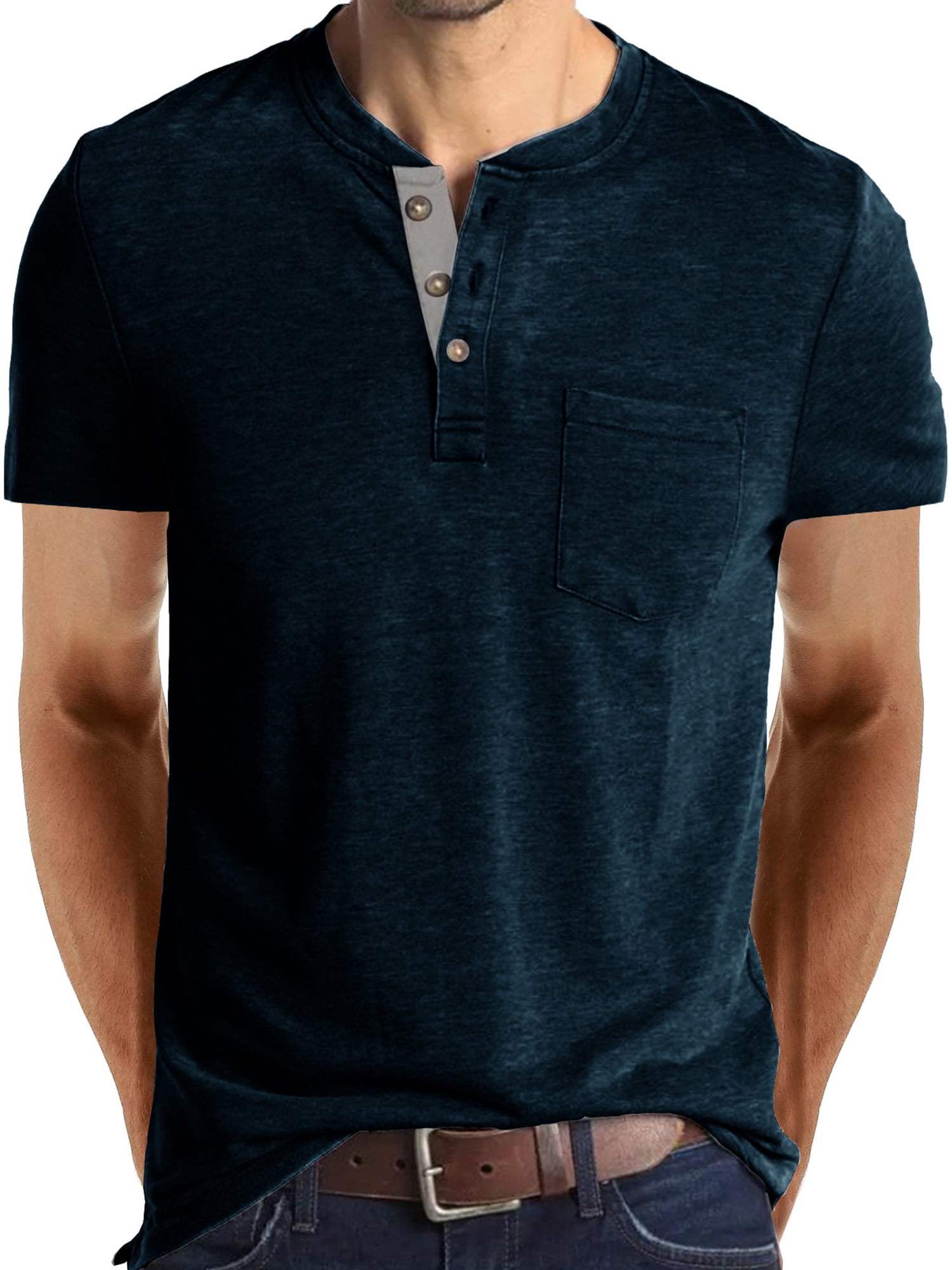 Innerwin Blouse Col Rond pour Hommes Hauts d'Été Col Henley Coupe Régulière T-Shirts Bleu Royal S