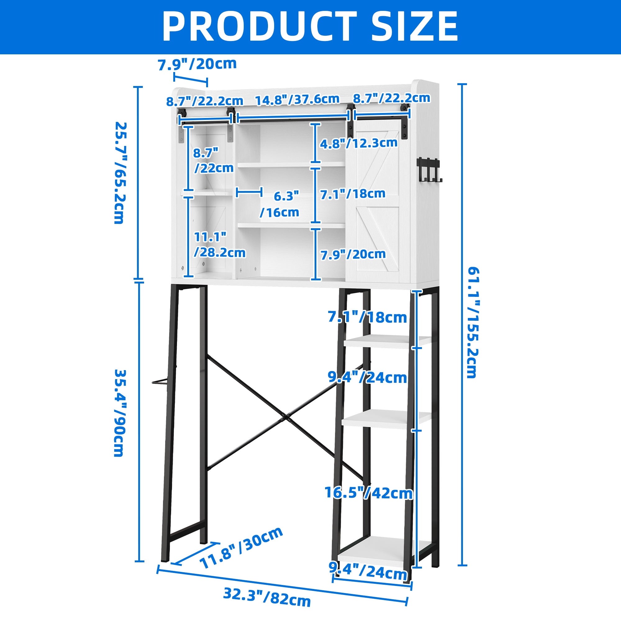 Uforic 61" Heavy-Duty Over The Toilet Storage Cabinet, 3-Tier Freestanding Organizer with Sliding Barn Door, 4 Open Shelves & Tissue Holder, White