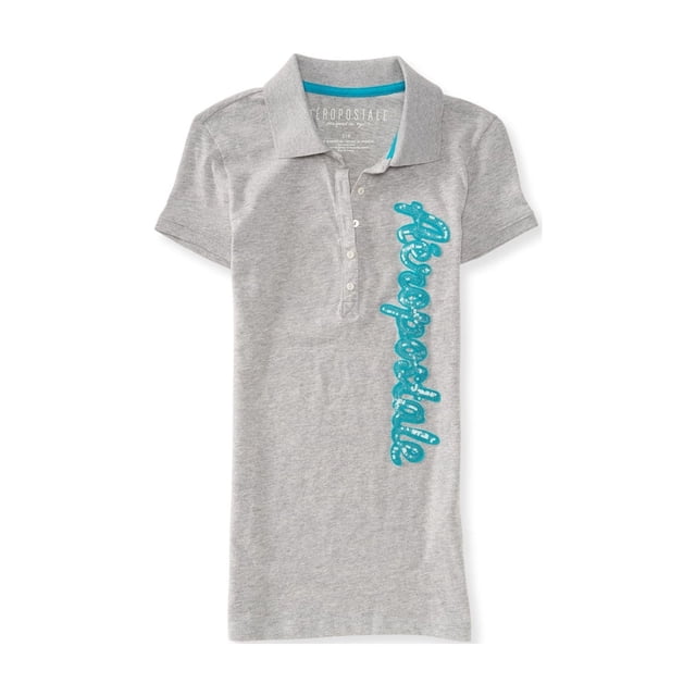 Aeropostale Womens Sequined Script Polo Shirt, Gris, Large Aeropostale Polo
