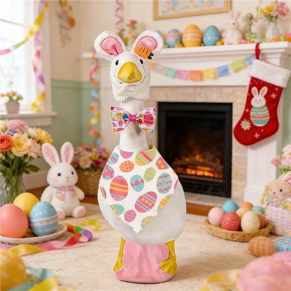 AZXY Easter Porch Goose Outfit for 23" Cement Concrete Statue, Bunny Hat with Carrot, Easter Egg Bandana & Bow Tie Accessories, Front Porch Goose Decor for Outdoor Patio Lawn Garden Decoration
