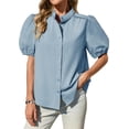 thumbnail image 2 of Womens Puff Sleeve Button Down Shirts Cotton Pleated Loose Fit Tops Summer Dressy Casual Blouses, 2 of 8