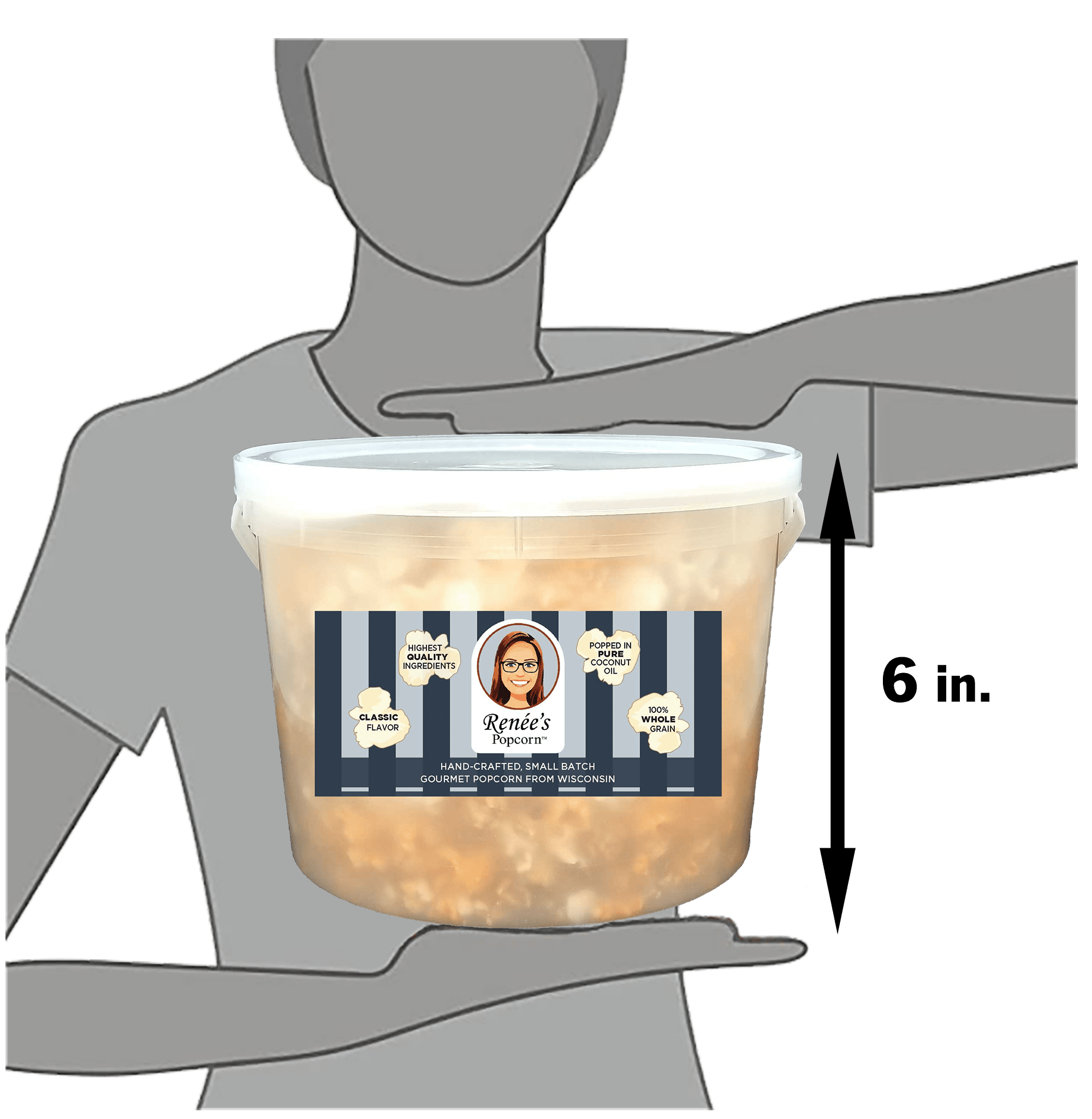 Renée’s Kettle Korn™ Gourmet Popcorn - sugar sweet, salted lightly a delightful, crispy, sweet popped fresh delightful snack or gift in 1.1-gallon plastic bucket tin, 15oz party size.